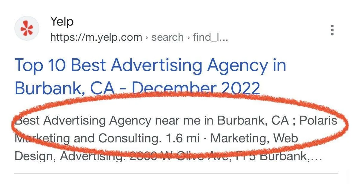 Google search result: Top 10 Best Advertising Agency in Burbank, CA, December 2022, listing Polaris Marketing and Consulting