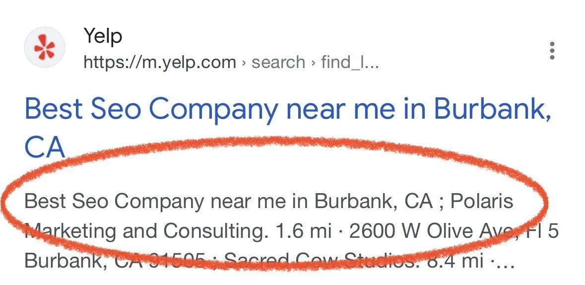 Google search result: Best SEO Company near me in Burbank, CA, listing Polaris Marketing and Consulting