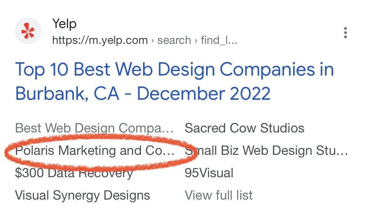 Google search result: Top 10 Best Web Design Companies in Burbank, CA, December 2022, listing Polaris Marketing and Consulting